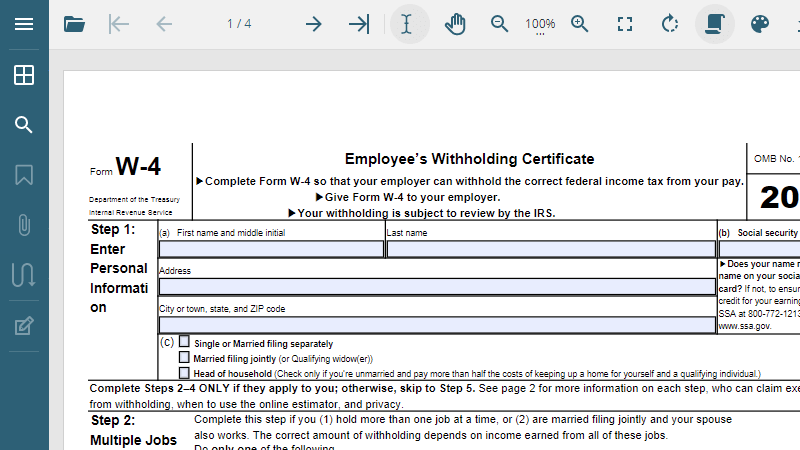 US W-4 Tax Form in GcPdfViewer