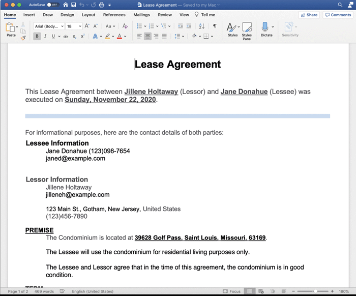 Example of a lease template and final output using GcWord Word API to read and populate the template by GrapeCity